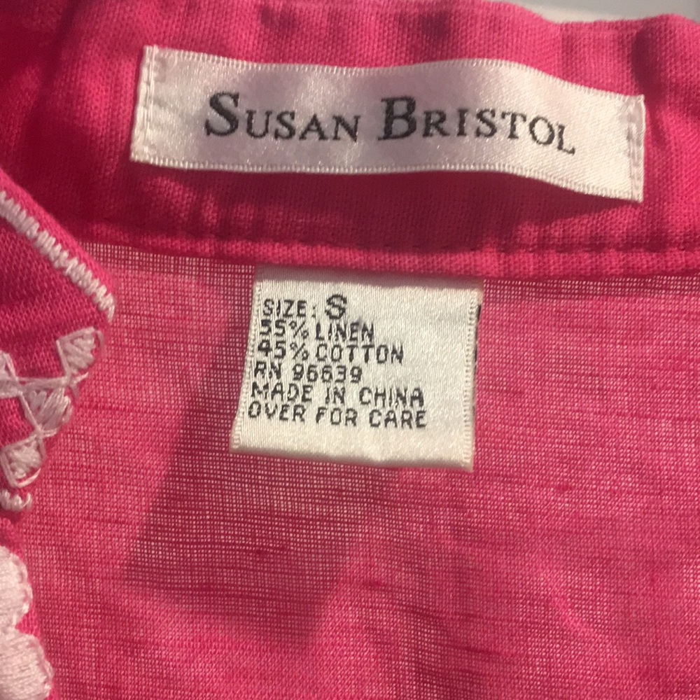 Susan Bristol linen & cotton top. Pink with white embroidery. EUC. Size small. - Picture 2 of 3